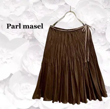 [펄 마셰르] 플리츠 스커트 플레어 [M~L] 브라운 무릎 기장 리본