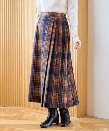 coen 체크 무늬 플리츠 롱 스커트