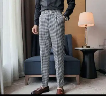 [ 새상품 미사용 ] 체크 무늬 벨트리스 슬림 팬츠