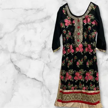 민족 의상 꽃무늬 자수 긴팔 원피스 블랙 쿠르타 [ FREE ]
