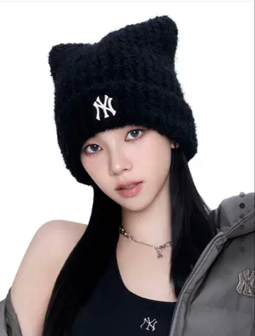 한국 MLB korea 고양이 귀 니트 모자 블랙