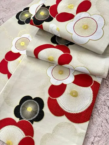 후쿠로 오비 후리소데용 화이트 베이스에 매실 문양 긴 길이