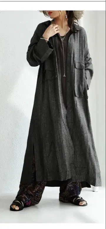 다크 그레이 롱 셔츠 원피스