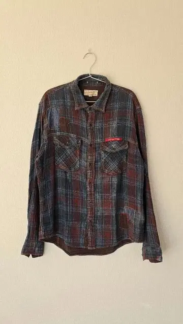 [ AVIREX ] 패치워크 체크 무늬 긴팔 셔츠 파랑 빨간색 보라색