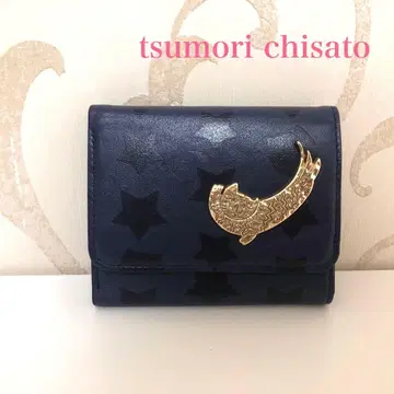 [컨디션 최상] 츠모리치사토 접이식 지갑 양가죽 가죽 고양이 별 네이비