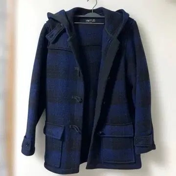 더플 코트 코트 후드 M 사이즈 블루 블랙 체크 무늬