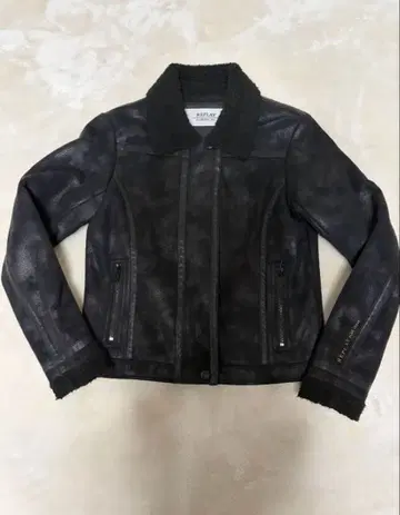 REPLAY 보아 카라 부착 블랙 페이크 가죽 자켓 S 사이즈