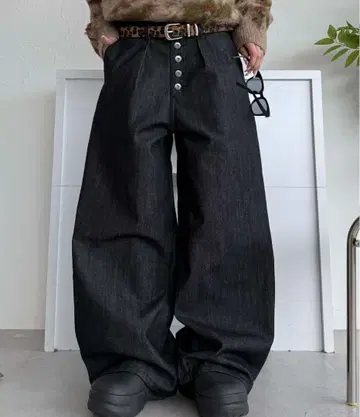 다크 데님 와이드 팬츠 프론트 버튼