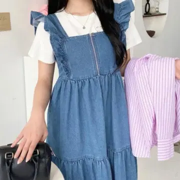 라이트 온스 데님 프론트 지퍼 숄더 프릴 티어드 원피스