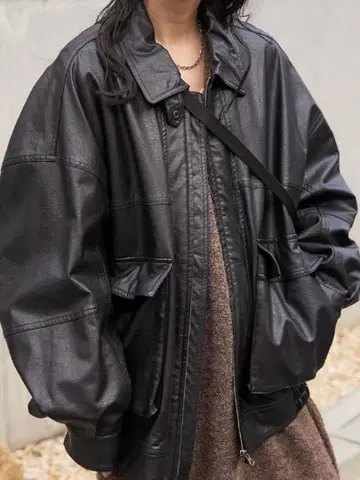 freaks store 인조 가죽 블루종 블랙