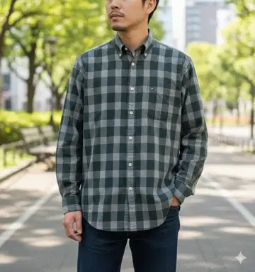 90s 타미힐피거 루즈핏 체크 셔츠 그린 긴팔 남성용 M