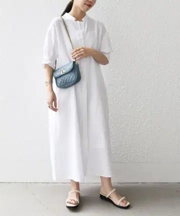 쉽스 셔츠 원피스 화이트 코튼 퍼프 롱 무지 텐트 반팔