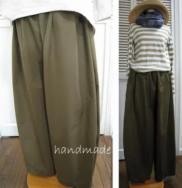 핸드메이드 벌룬 팬츠 면폴리 허리밴딩 턱 카키브라운 L
