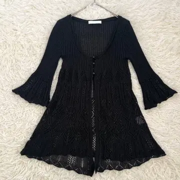 패턴 시스루 니트 플레어 소매 가디건 레이어드 블랙 일본제 라메 겉옷