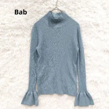 Bab 플레어 슬리브 리브 니트 더스티 블루 S 라메 스팽글