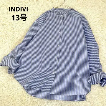 인디비 펄 버튼 밴드 카라 스트라이프 셔츠 13호 면 100 파랑