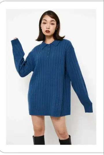 LAGUA GEM 리브 편직 긴팔 피케 셔츠 파랑