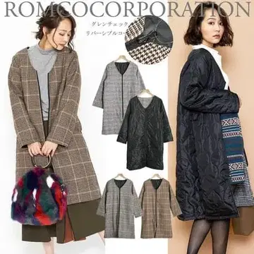 리버서블 글렌체크 노카라 코트