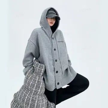 그레이 후드 부착 니트 가디건
