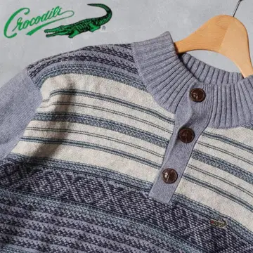 YJ339@ 크로커다일 보더 하프 버튼 니트 L 블루