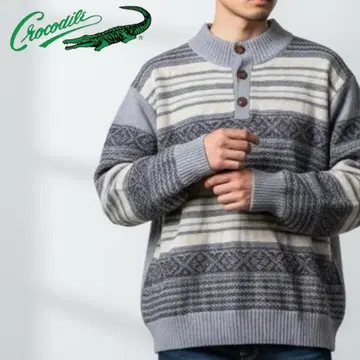 YJ339@ 크로커다일 보더 하프 버튼 니트 L 블루