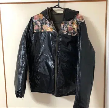 도둑 일기 다운 자켓 일본풍 패턴 크레이프 원단 리버서블 충전솜 블랙 L