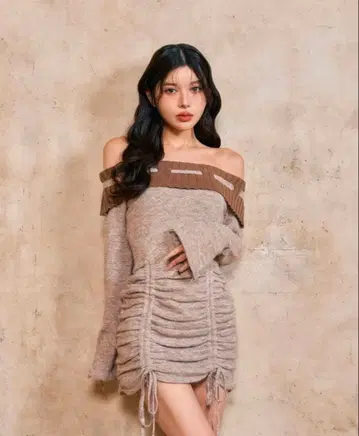 Darich 오프숄더 니트 미니 원피스 그레이