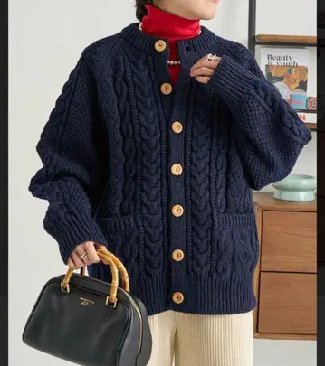 피셔맨 케이블 니트 가디건 네이비