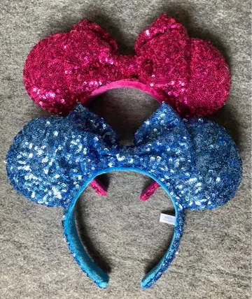 디즈니 머리띠 스팽글 짙은 파랑 블루 핑크 리본 세트