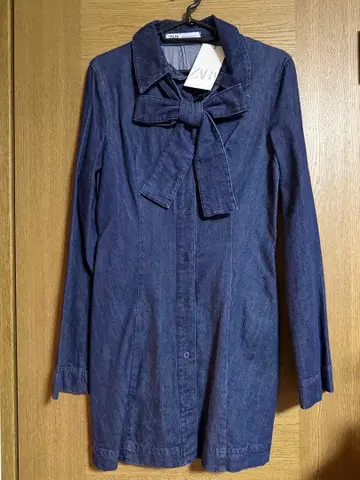 ZARA 리본 포함 데님 셔츠 원피스 M 다크 블루