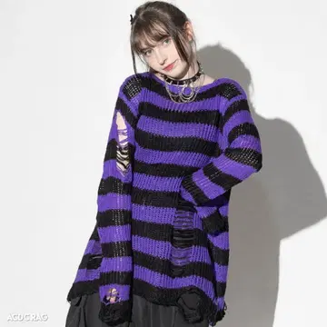 서브컬쳐 지뢰계 데미지 보더 니트 블랙 보라색