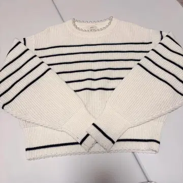 IENA 울 아크릴 펄 장식 꽈배기 풀오버 니트 보더 F