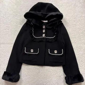 ManonMimie 후디 퍼 숏코트 블랙 펄 프릴