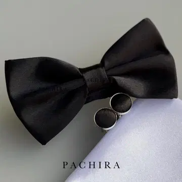 블랙 나비 넥타이 3종 세트 / 포켓 치프 화이트 커프스 블랙