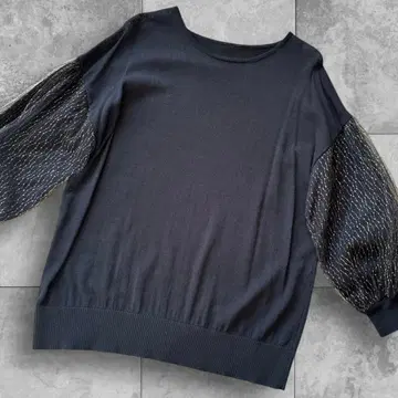 튤 소매 x 라메 자수 어른 페미닌 블랙 니트탑 고급스러운 코디에