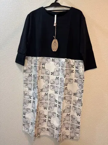 고양이 프린트 오부 소매 원피스 프리 사이즈