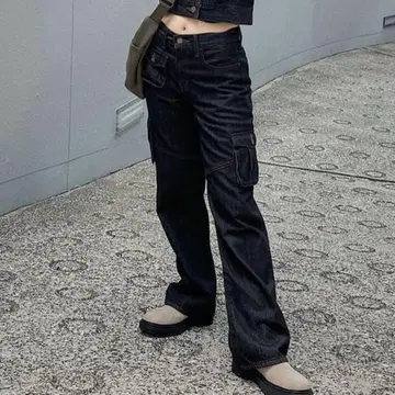 laguagem 블랙 카고 데님 팬츠