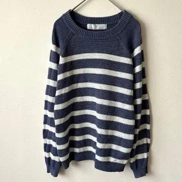 애프터눈 티 니트 티셔츠 보더 M 상의 파랑 화이트 코튼