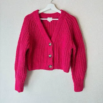 H&M 큼직하게 짠 청키 니트 가디건 S 비비드 핑크 마젠타 핑크