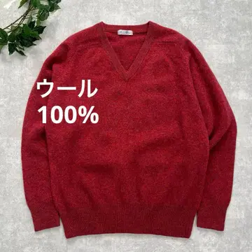 빨간색 계열 MIX 컬러 울 100% 레트로 V넥 니트