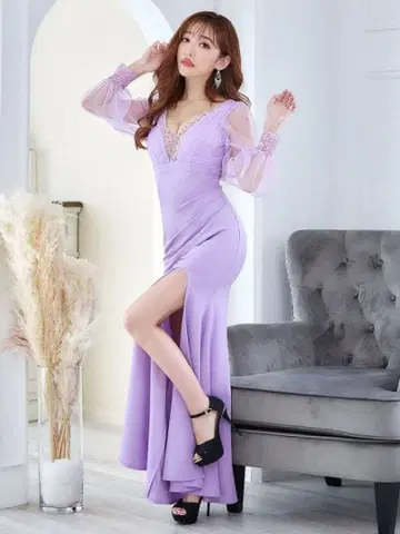 Sugar 라벤더 시스루 롱 드레스 (소매 있음)