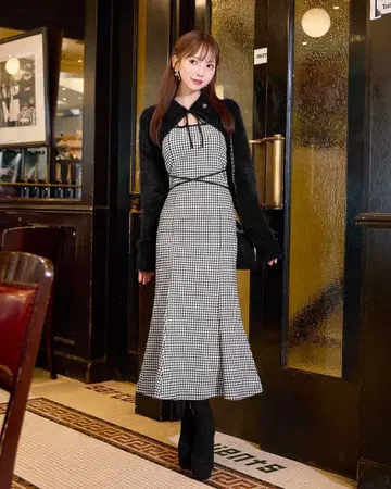 michellMacaron 샤기 볼레로 set 깅엄 체크 롱 원피스