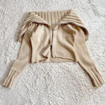 폭시 케이프 칼라 니트 가디건 울 40 베이지 더블 지퍼