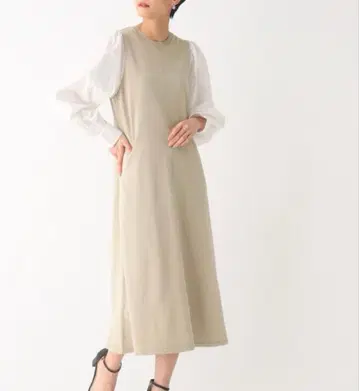 S096 오파크 클립 원피스 M 베이지 이소재 긴팔