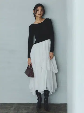 anuans 보트넥 불규칙 밑단 도킹 니트 원피스 2 사이즈