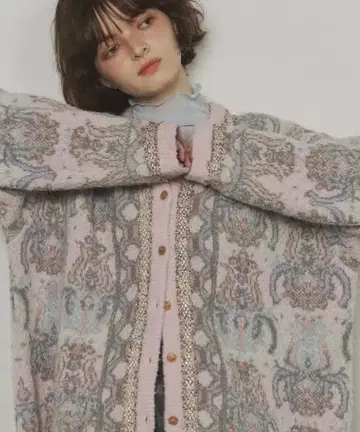 Unitage 부클레 총 패턴 자카드 니트 가디건 핑크