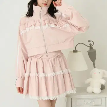 Dear My Love 하이넥 프릴 레이스 리본 후드티 상하의 set