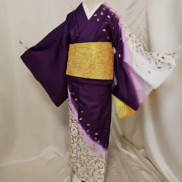 [ 무용 기모노 ] 벚꽃 꽃잎 무늬 보라색 금과 은의 리버서블 오비
