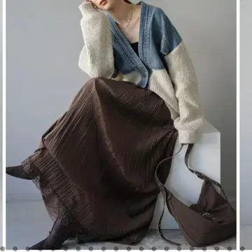 데님 절개 니트 가디건 & 스커트 세트