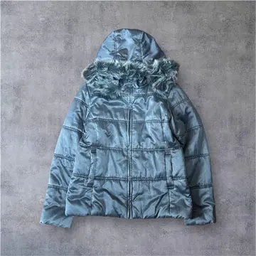 Estacot 90's 다운 자켓 후드 부착 퍼 실버 L